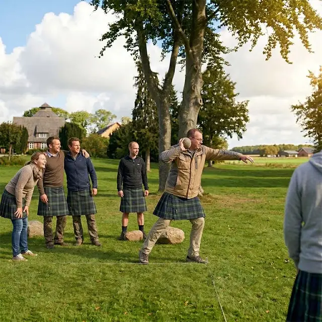 Mand i blå t-shirt kaster med en stor sten. Deltager i firmaevent med sjov teambuilding